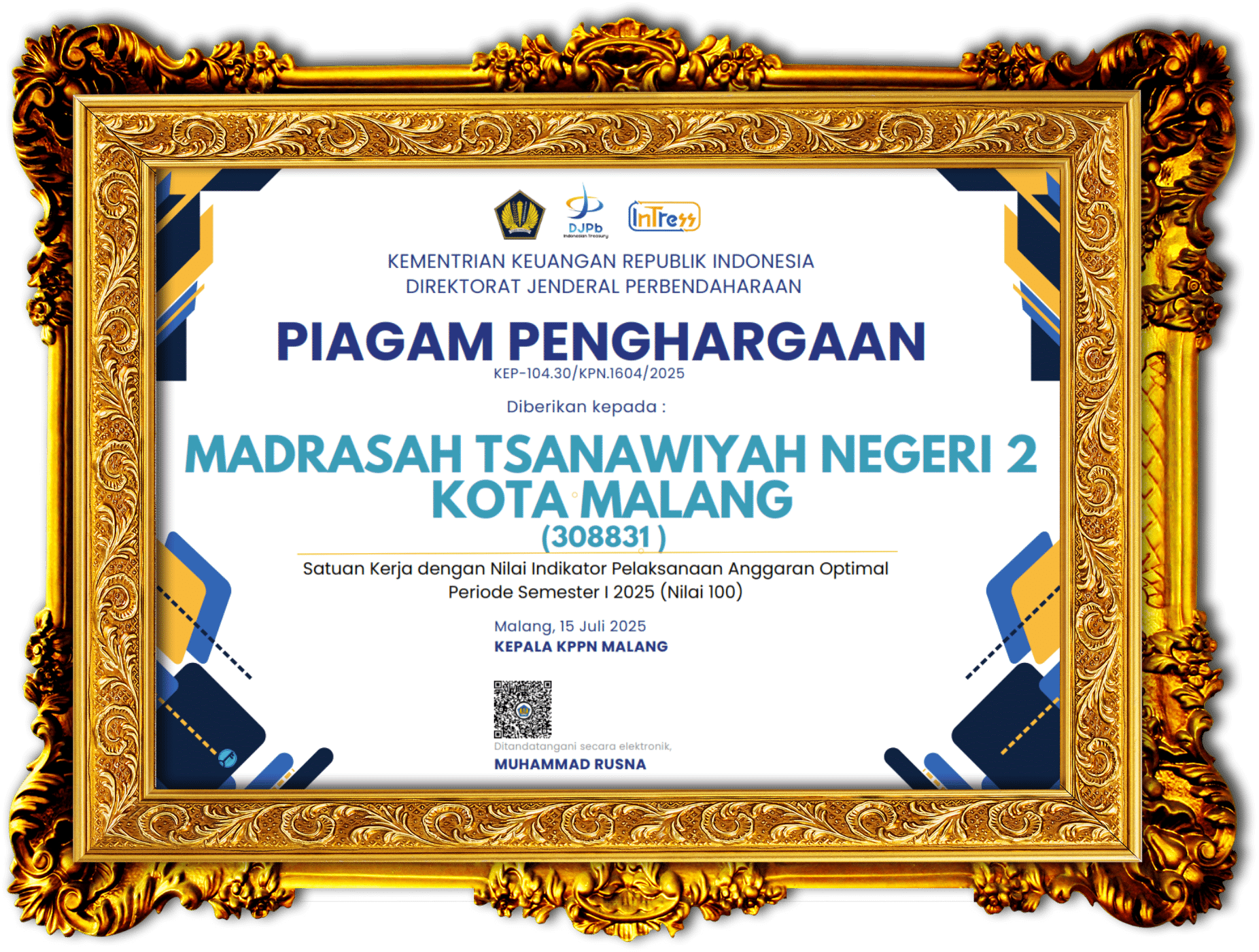 MTsN 2 Kota Malang Raih Predikat Sangat Baik dalam Indikator Kinerja Pelaksanaan Anggaran Semester I 2025