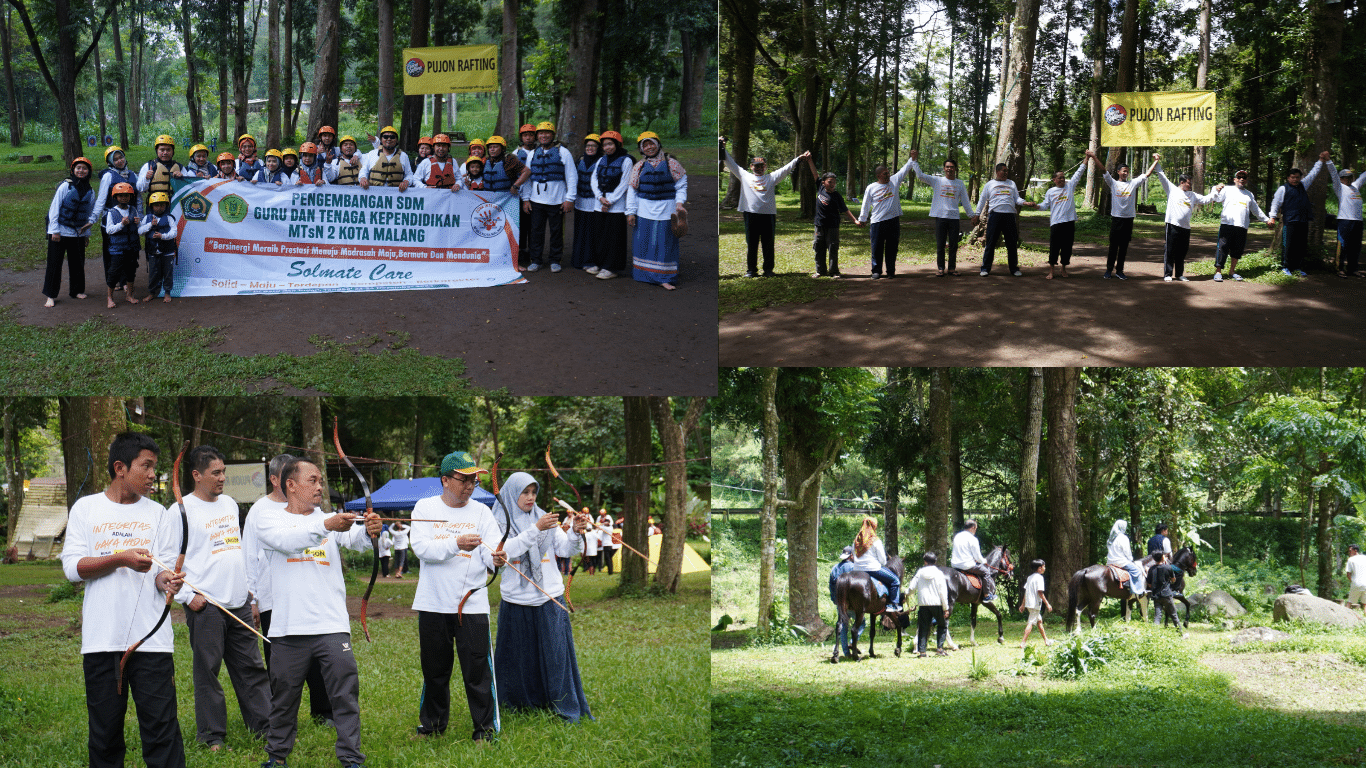 Outing GTK MTsN 2 Kota Malang Seru dan Mendalam Rafting, Berkuda, dan Memanah Bangun Kebersamaan Tim di Taman Merak Pujon