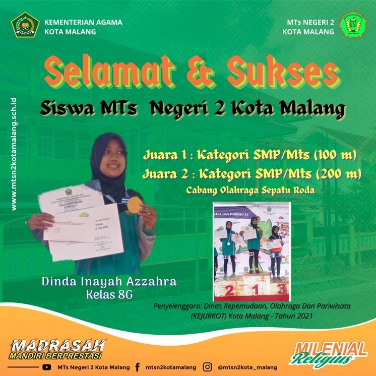 Siswi MTsN 2 Kota Malang Meraih Juara 1 Cabor Sepatu Roda di KEJURKOT Kota Malang